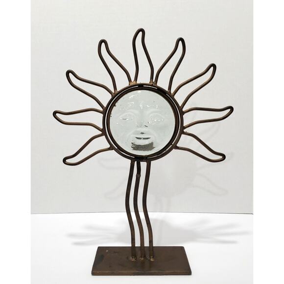 Vtg Clear Glass Celestial Sun Face Votive Candle Holder Metal Base 14.5" Tx11"W - Picture 1 of 16